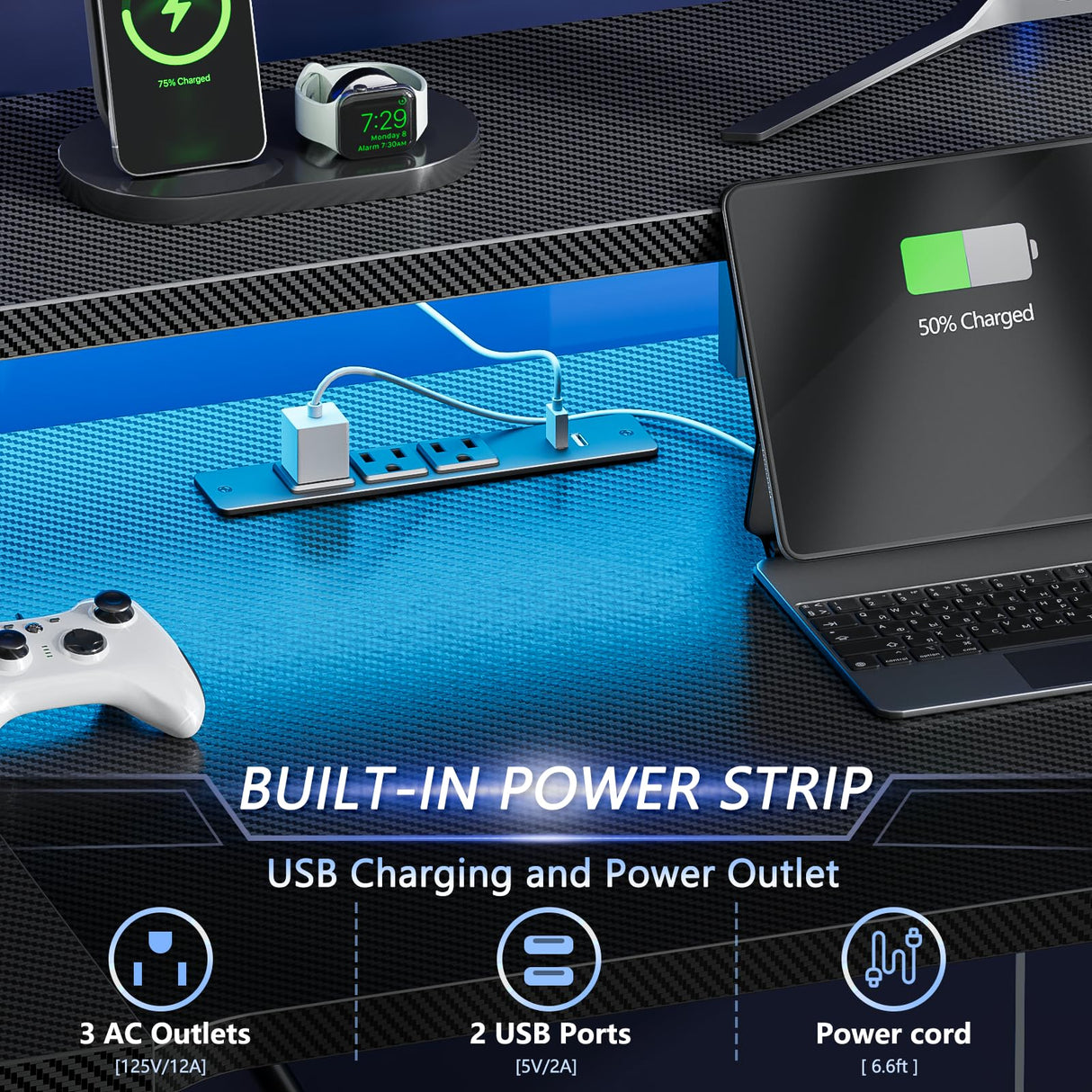 Korfile Computer Gaming Desk with Power Outlet & LED Lights, 47 Inch L Shaped Gamer Table with Storage Shelves for Bedroom, Reversible Corner Home Office Desk, Carbon Fiber Black Korfile