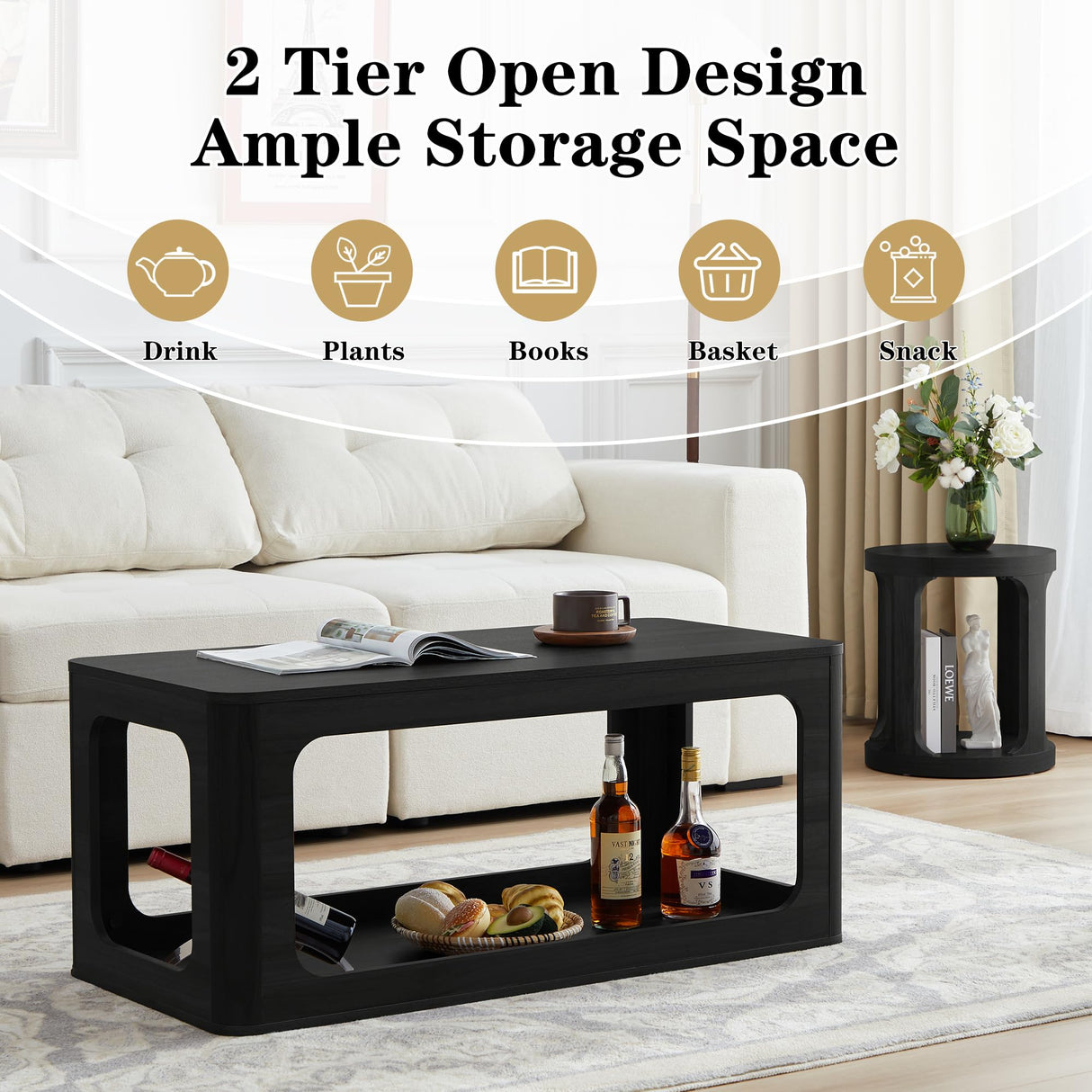 YUCHIATH Coffee Table for Living Room, Farmhouse Coffee Table with 2-Tier Storage, Accent Wood Coffee Table for Living Room (Black) YUCHIATH