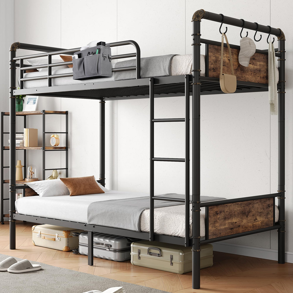 Bunk Bed Twin Over Twin, Heavy Duty Metal Bunkbeds with Ladder and Full-Length Guardrail, Convertible into 2 Individual Beds for Kids, Teens and Adults, Under-Bed Storage Space, Vintage Brown Jocoevol