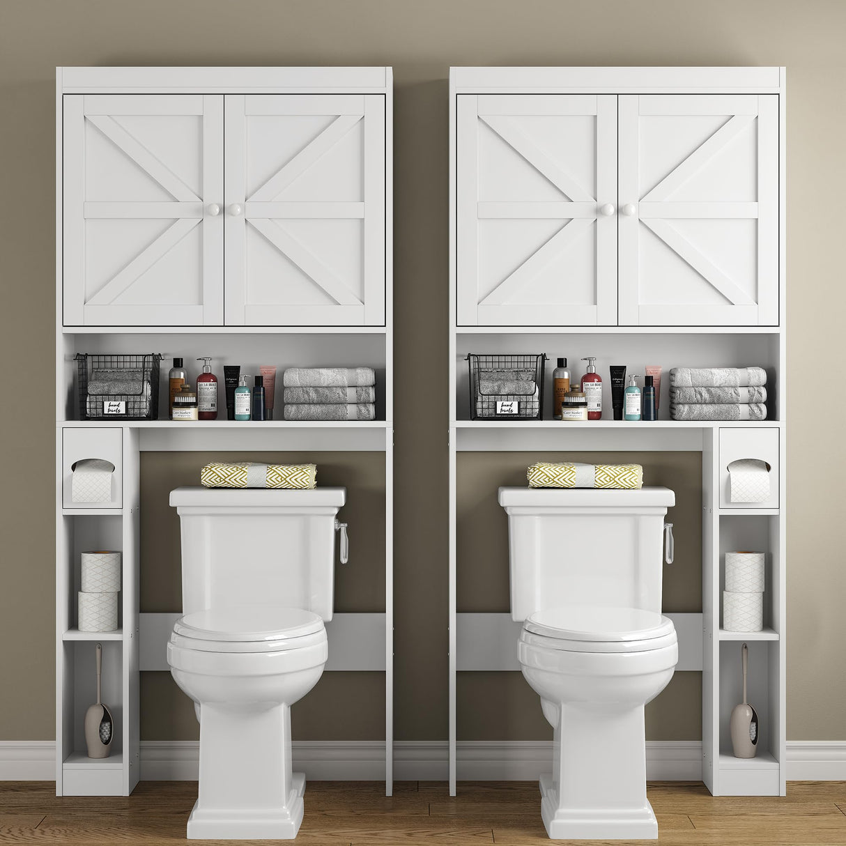 furomate Over The Toilet Storage Cabinet with Barn Doors, 32.3''W Free Standing Toilet Storage Shelf Space Saver with Adjustable Bottom Bar, White furomate
