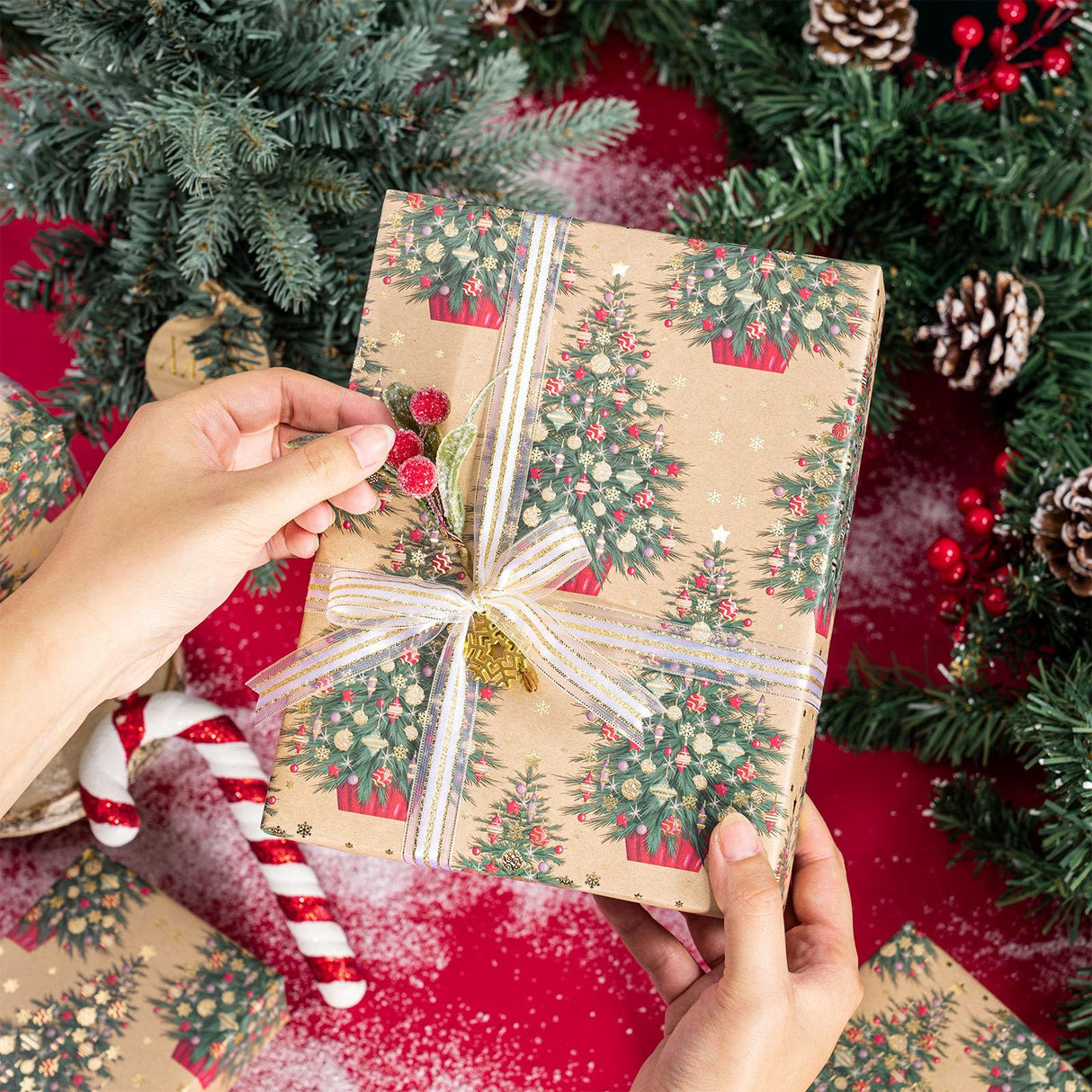 RUSPEPA Christmas Wrapping Paper Roll Gift Wrap - Mini Roll - Gold Foil Christmas Tree Kraft Wrapping Paper Roll, Great for Christmas, Winter and Holidays - 17 Inches X 16.4 Feet RUSPEPA