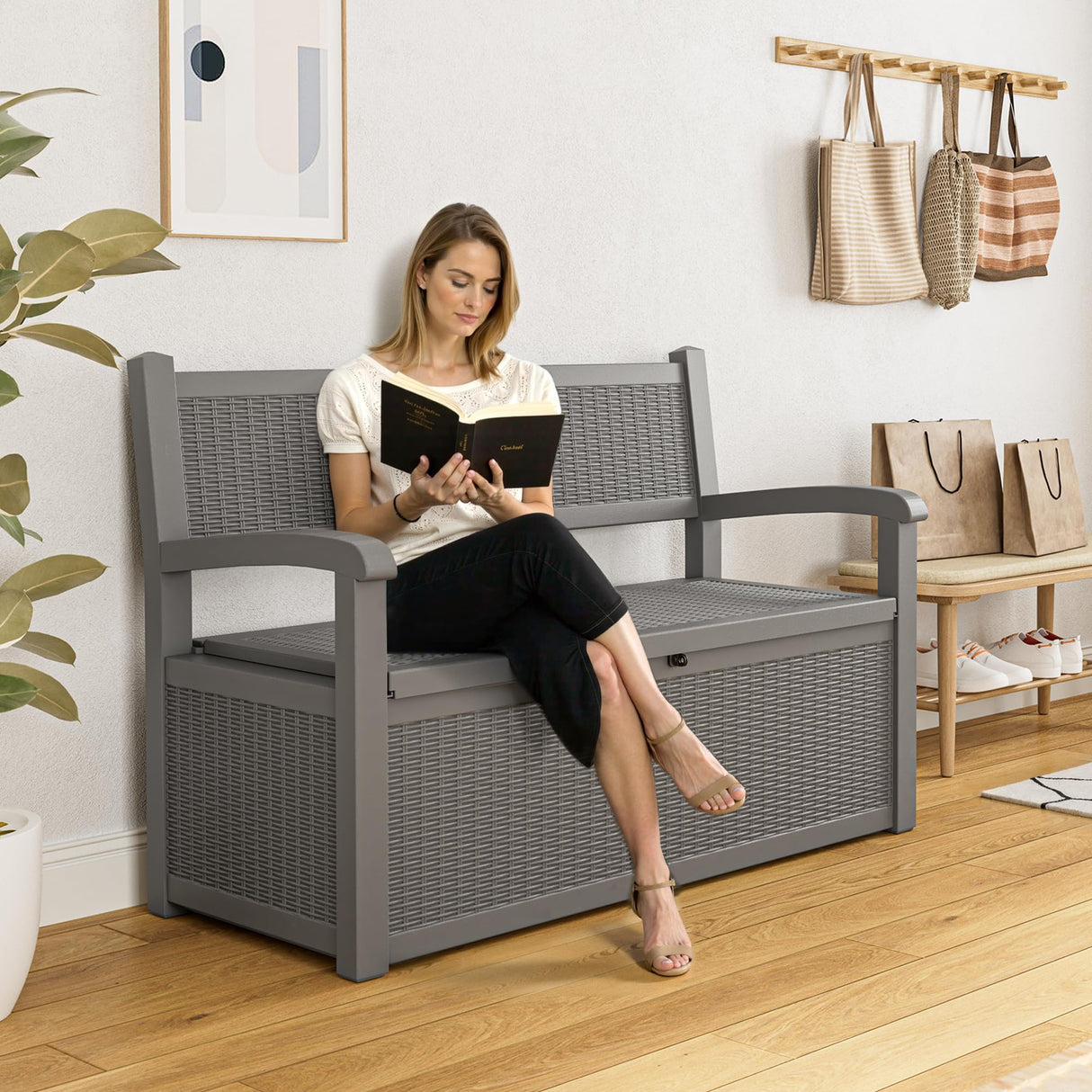 GULAIMOAO 80 Gallon Outdoor Storage Box, Resin Patio Furniture with Armrest, Lockable Deck Box with Waterproof and UV Resistant for Patio Cushions, Garden Tools and Pool Supplies, Grey GULAIMOAO