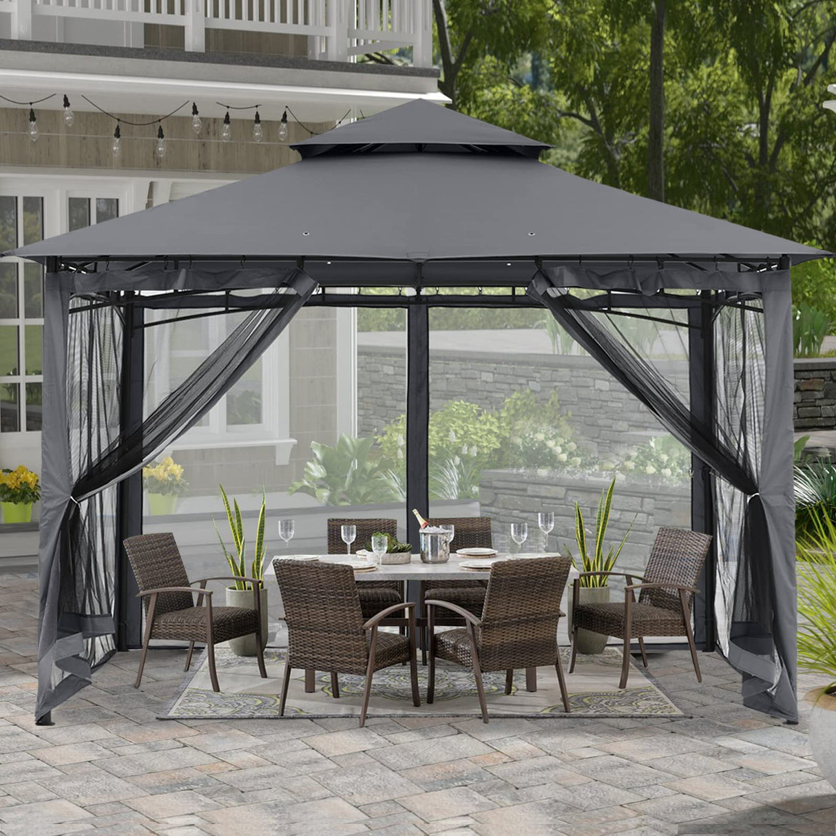 ABCCANOPY Gazebos for Patios 10x10 - Outdoor Steel Frame Gazebo with Mosquito Netting for Lawn Backyard Garden Deck (Dark Gray) ABCCANOPY
