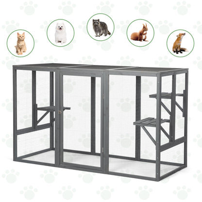 COZIVVOVV Outdoor Cat Enclosures, Weatherproof Catio for Cats, Large Cat Cage with 3 Platforms and Litter Box, Wooden Cat Crates for Indoor Cats & Cat House, Grey