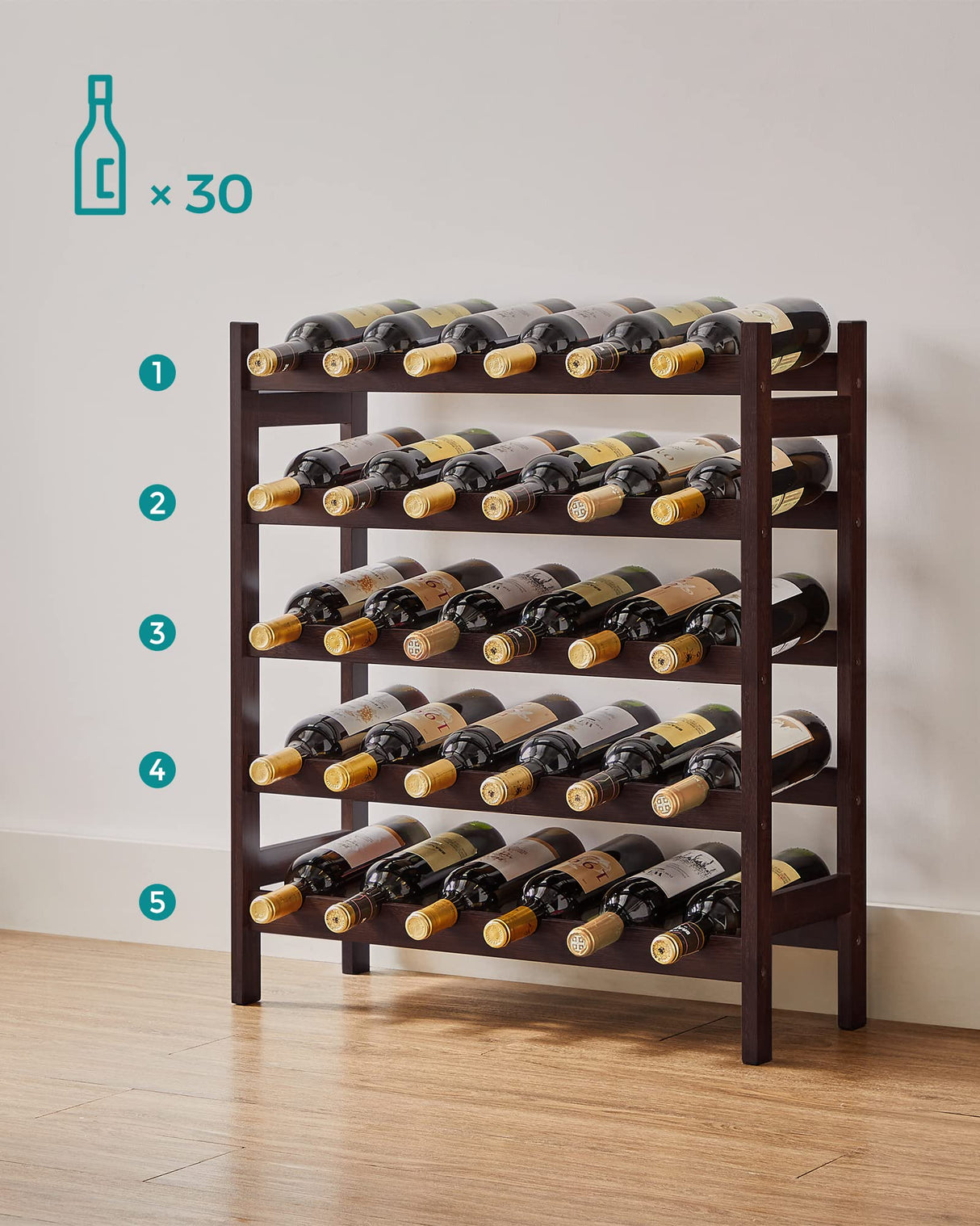 SONGMICS 30-Bottle Wine Rack, 5-Tier Freestanding Floor Bamboo Wine Holder, Display Stand Shelves, Wave Bars, Espresso UKWR25BR SONGMICS