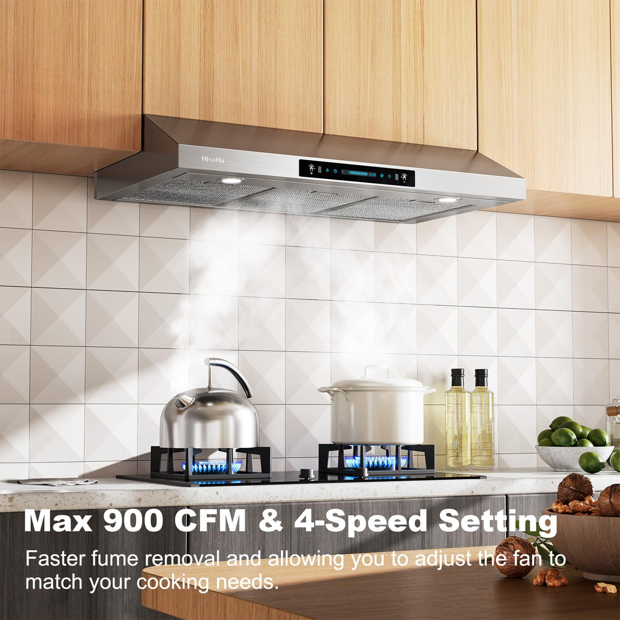30 Inch Under Cabinet Range Hood with 900-CFM, 4 Speed Gesture Sensing&Touch Control Panel, Stainless Steel Kitchen Vent HisoHu