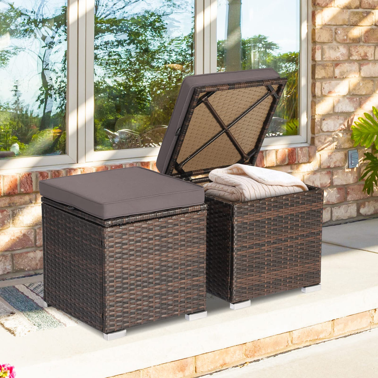 Tangkula 2 Pieces Patio Ottomans, Patiojoy Hand-Woven PE Rattan Side Table with Removable Cushion & Hidden Storage Space, Multifunctional Storage Box, Seats for Patio, Backyard, Poolside (Grey) Tangkula