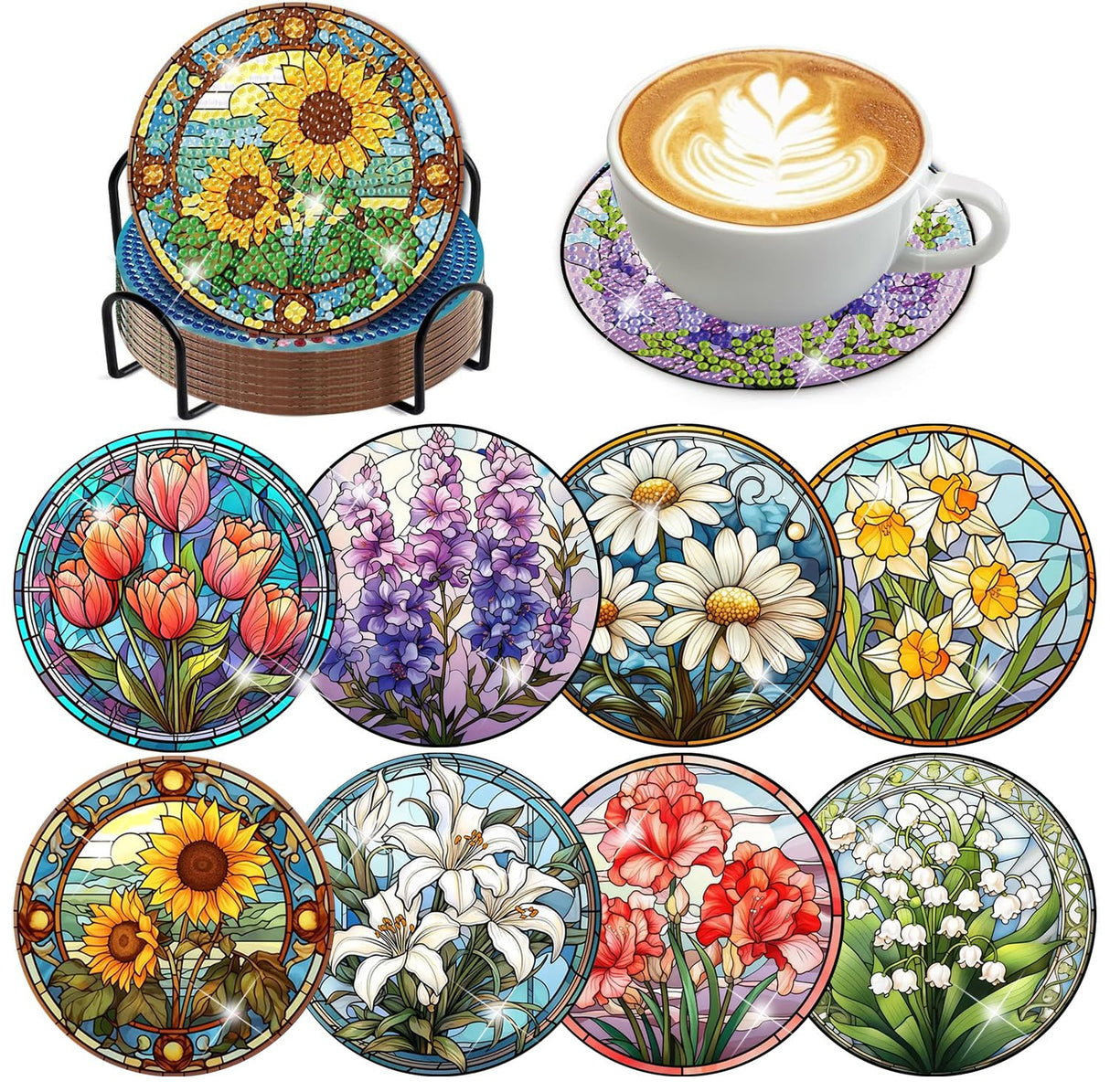 croshom 8 PCS Flowers Diamond Art Coasters Diamond Painting Coasters Kits with Holder Flowers DIY Coaster for Adults Beginners, Diamonds Art Crafts Supplies Sunflowers croshom