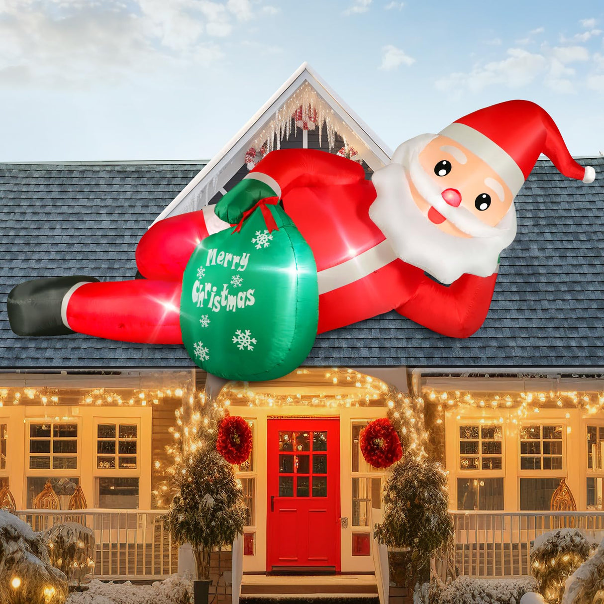 12 FT Giant Christmas Inflatables Santa Claus Outdoor Decorations, Huge Blow up Lying Santa Claus with Gift Bag Yard Decor, Built-in Brilliant LED Lights for Yard Lawn Garden Holiday Party FunFanso