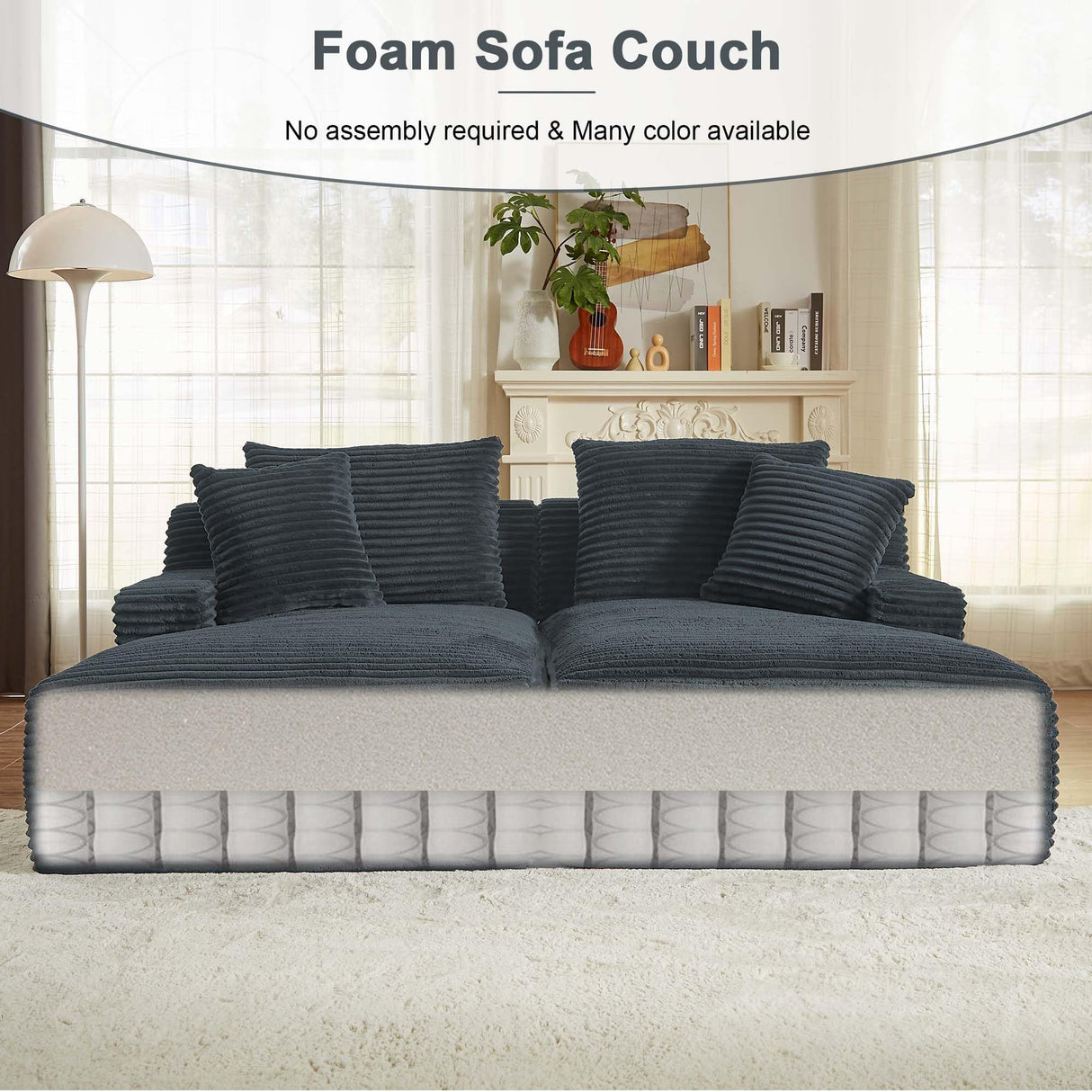 Tmsan 78.8" Oversized Boneless Double Chaise Lounge Sofa Indoor, Modern Compressed Corduroy Upholstered Sectional Cloud Couch Loveseat Sleeper Bed, Comfy Floor Chair for Living Room Apartment Office Tmsan