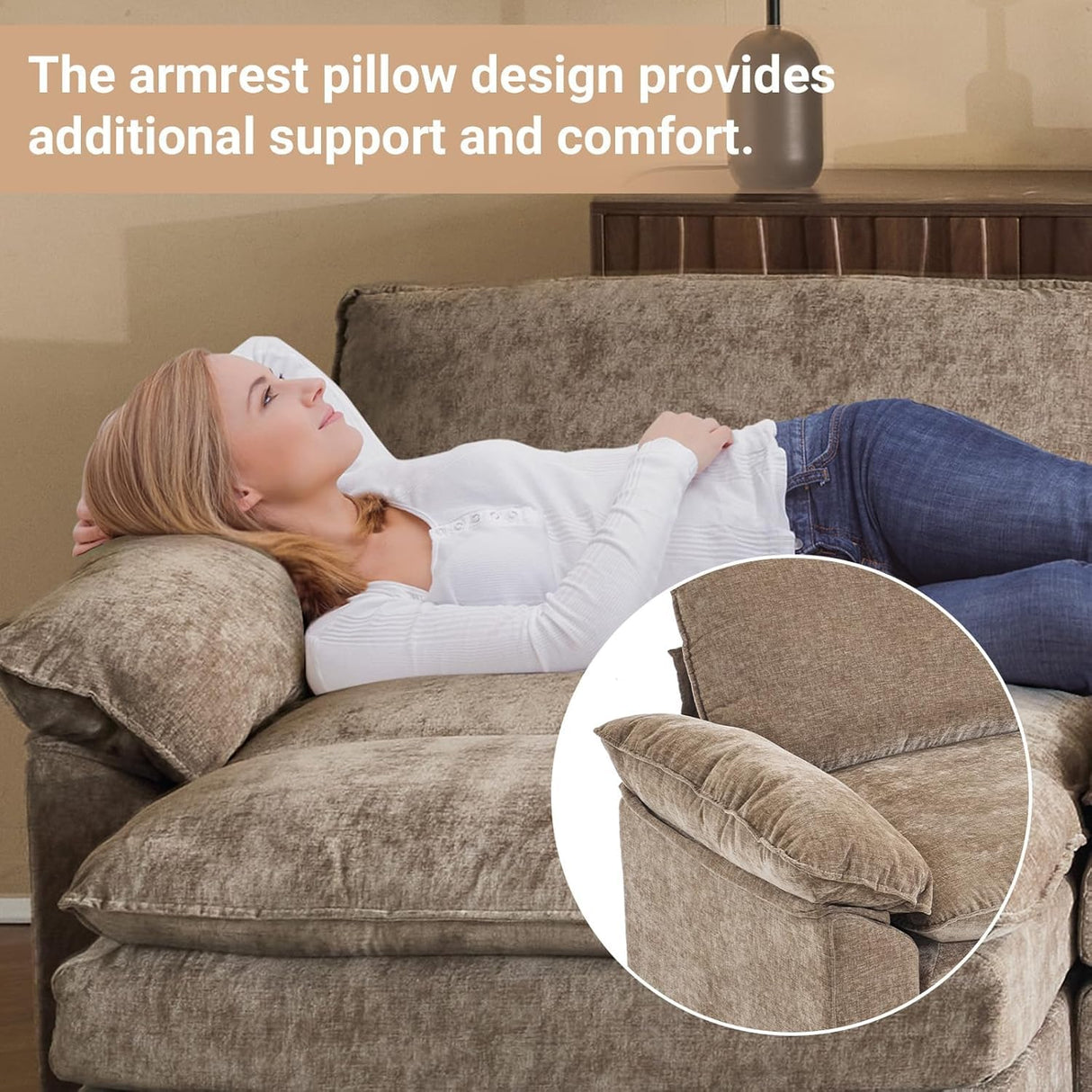 VINGLI Convertible Sectional Loveseat Sofa with Deep Seat &Movable 2-Layer Ottoman, Oversized L-shape Cloud Sofa with Chaise & Armrests, 2-Seat Sofa for Small Spaces & Apartment, Chenille, Light-Brown VINGLI