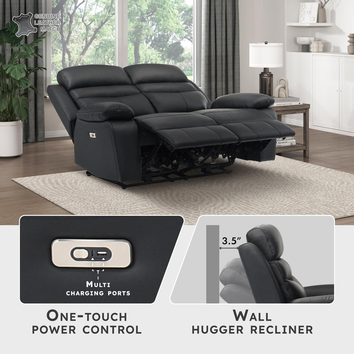 Lexicon Recliner Sofa for Living Room, Double Reclining RV Couch, Power Wall Hugger Recliner Home Theater Seating Leather Match Reclining Sofa, with USB Charge Port, 64''W Loveseat, Black Lexicon