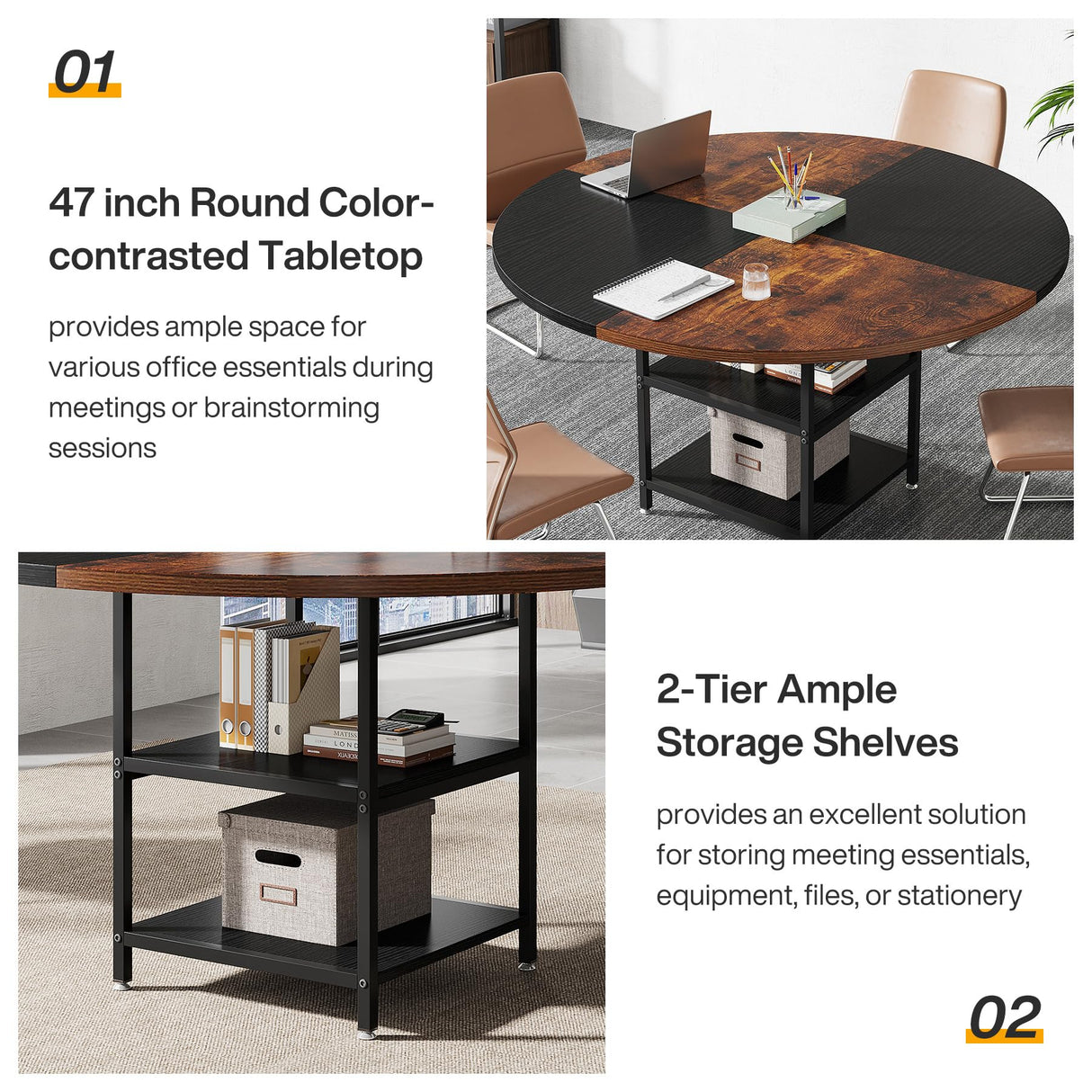 Tribesigns 47-Inch Round Conference Table for 4-6 People, Wood Meeting Room Table with Storage Shelf and Metal Legs, Modern Office Training Desk for Conference Room Seminar Room (Black Brown) Tribesigns