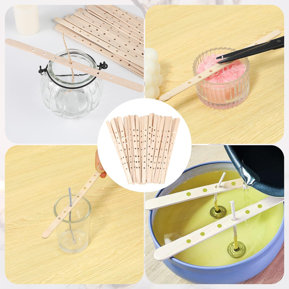 Gjinxi Wooden Candle Wick Holders 50 Pcs Multiwick Centering Device Holders Supplies Crafting Making Candle Wicks Bars Wax Stick Clips Center Tool for DIY Material Package Mold Gjinxi