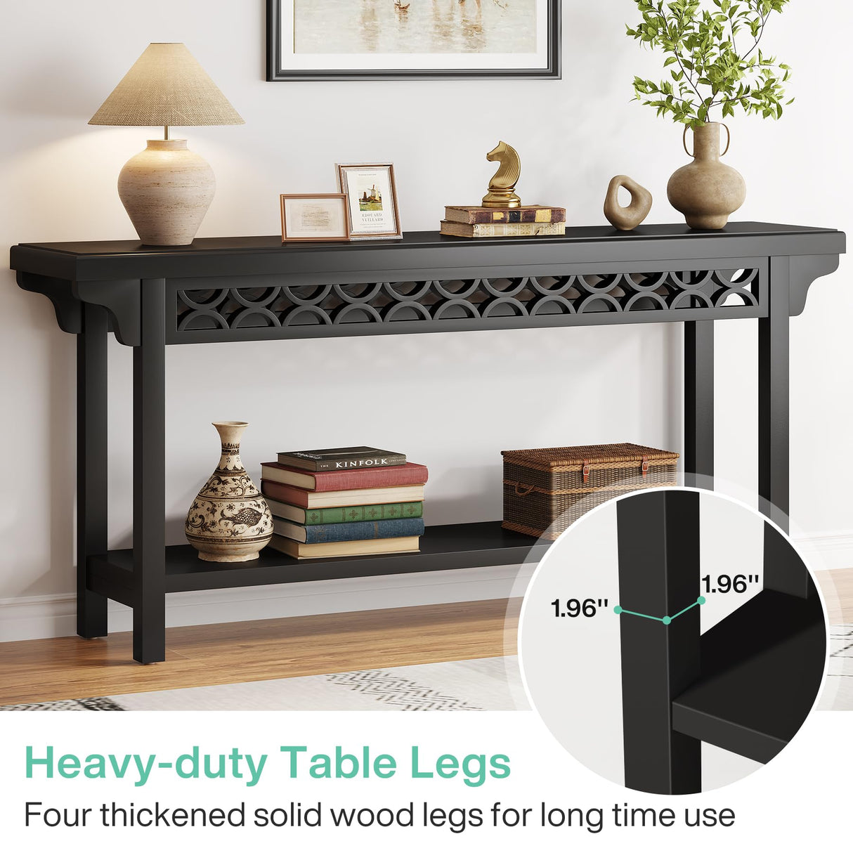 Tribesigns 70.8-Inch Solid Wood Long Console Table, Farmhouse Entryway Table with Storage, Narrow Sofa Table Grey Couch Table for Living Room Entryway Hallway (Black) Tribesigns