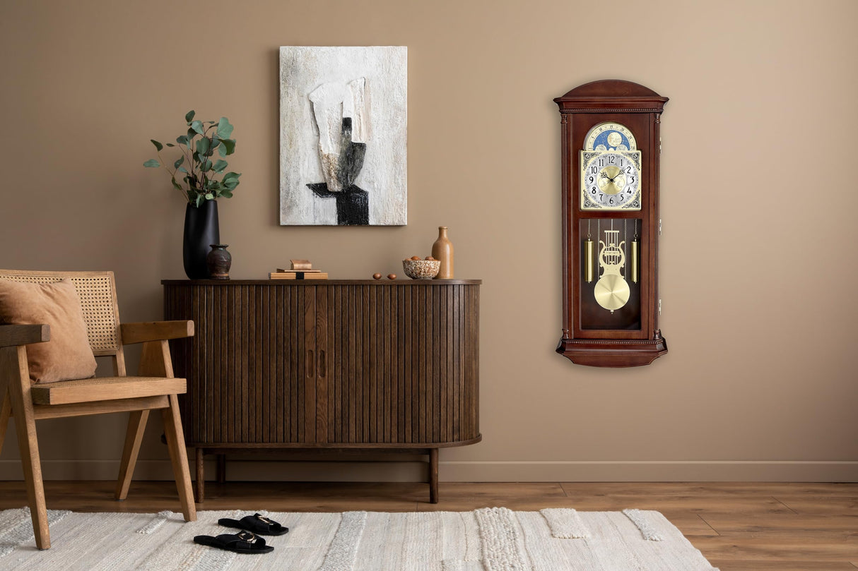 Bulova Litchfield Large Regulator Wall Clock, Model C4332 | Classic Pendulum Design | Harmonic Hourly Chime | Brown Cherry Finish Bulova