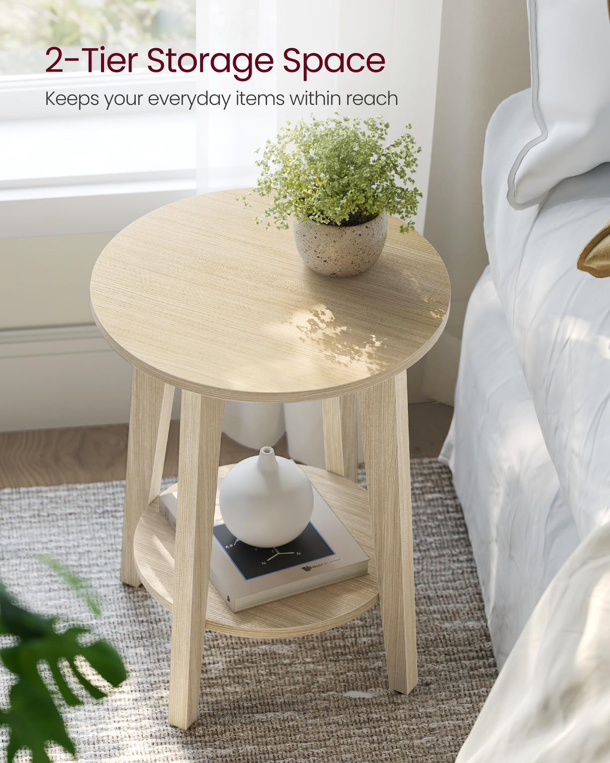 VASAGLE Side Table, Small Round End Table with Lower Shelf, Nightstand for Small Spaces, Living Room, Bedroom, Natural Beige ULET283N01 VASAGLE