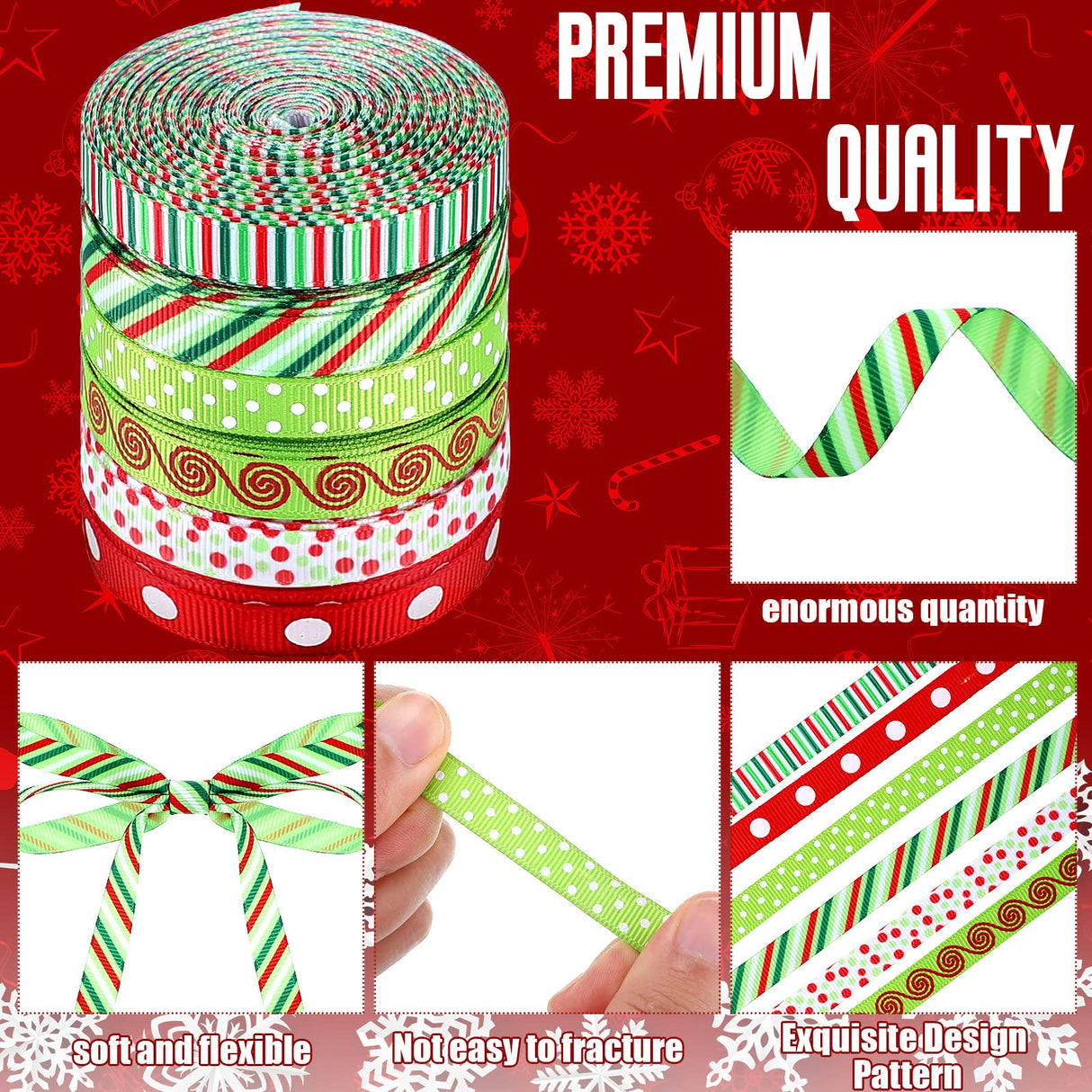 60 Yards 0.4 Inch Thin Christmas Ribbon Grosgrain Ribbon Red Green Dots Stripes Multi Rolled Xmas Gift Ribbon for Gift Wrapping Holiday Decoration DIY Crafts Christmas Ornaments Jetec