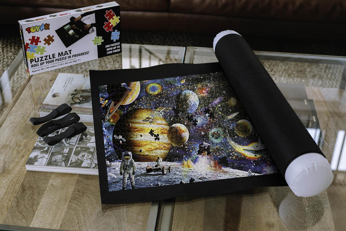 Jigsaw Puzzle Roll Up Mat Storage Saver - Sort, Store & Transport Puzzles Up to 1500 Pieces - Large 46"x26" Felt Mat Travel Organizer with Inflatable Tube & 3 Elastic Fasteners or Straps Accessories Toynk