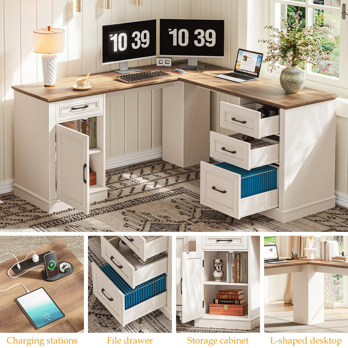 Farmhouse 59" L-Shaped Executive Desk with Drawers, Wood Home Office Corner Desk with Charging Station, File Drawer, Storage Cabinet, Rustic Computer Writing Desk for Home Office (Antique White). Vabches