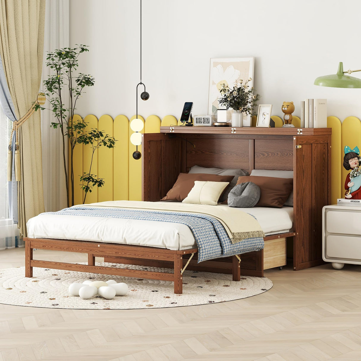 KEIKI Full Murphy Bed Cabinet with Storage Drawer and Charging Station, USB Port, Solid Pine Murphy Bedframe for Home Office, Studio or Guest Room,Walnut KEIKI