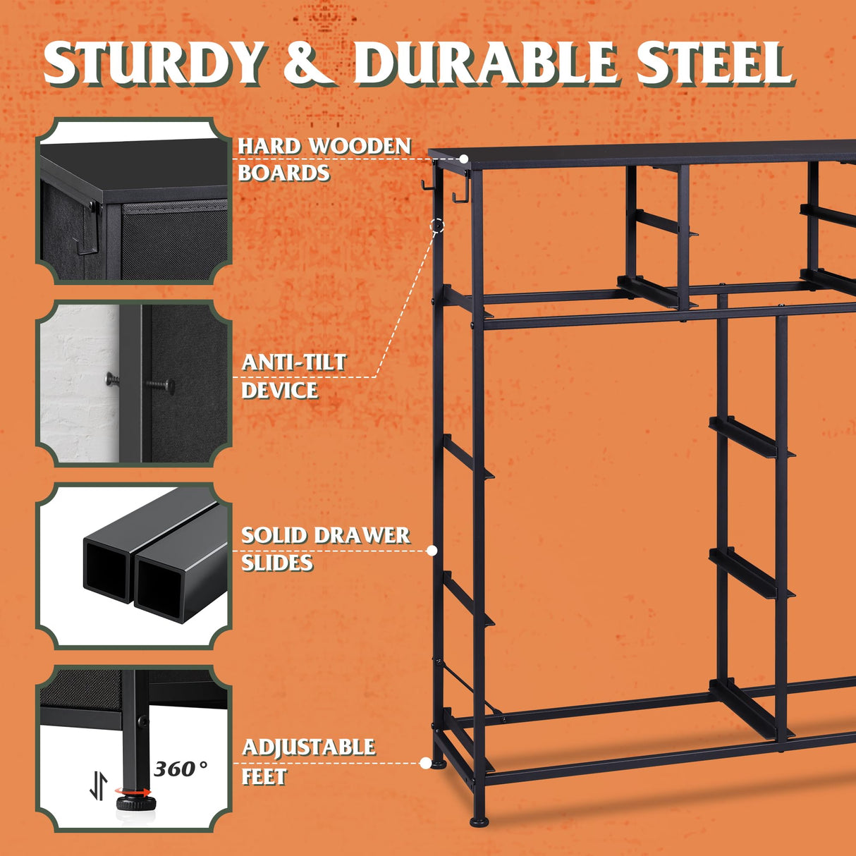 WLIVE Dresser for Bedroom with 10 Drawers, Fabric Dresser Chest of Drawers with Side Pockets and Hooks, Sturdy Metal Frame, Drawers Organizer Unit for Living Room, Hallway, Black WLIVE