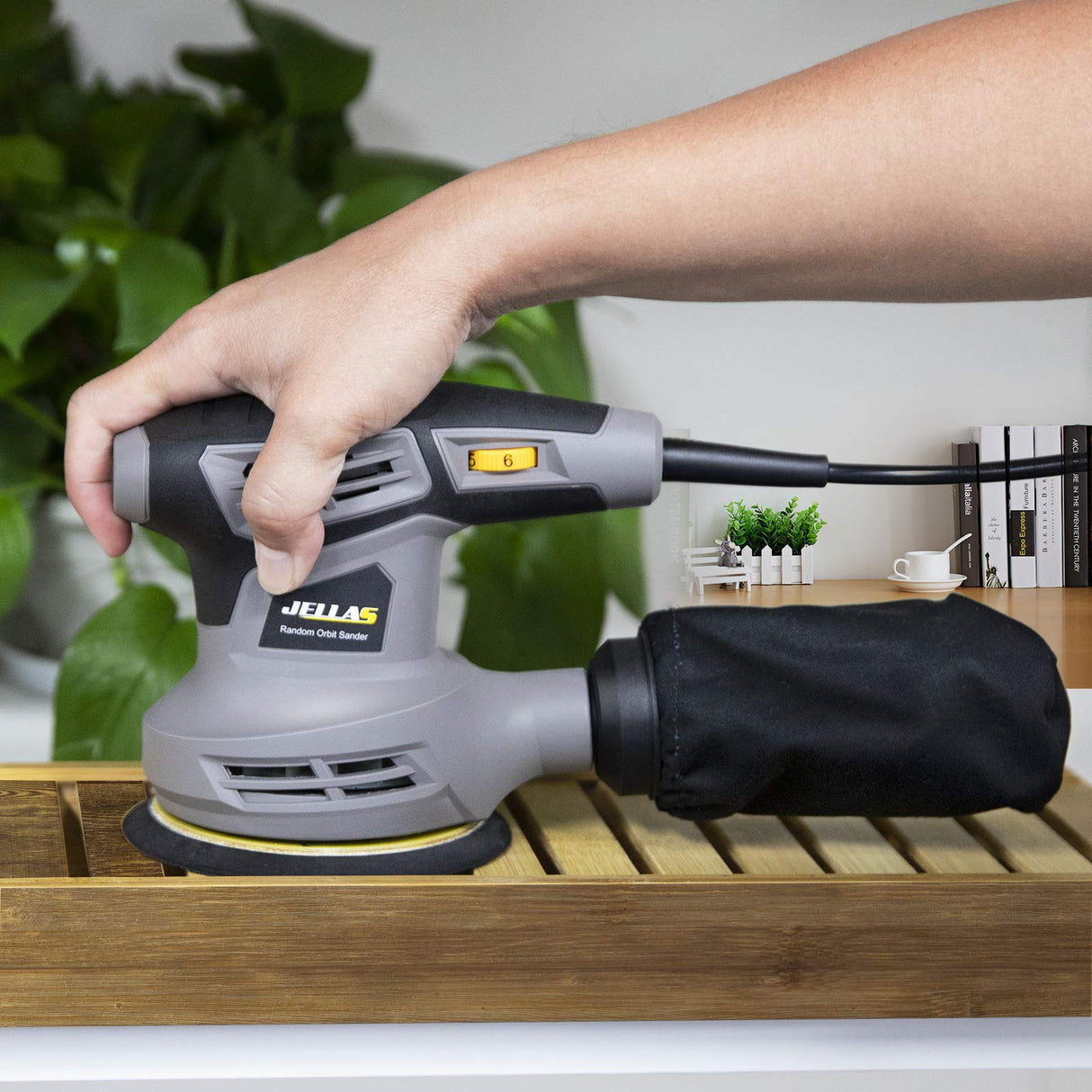 Jellas 5-Inch Random Orbital Sander with 18Pcs Sandpapers, 13000RPM 6 Variable Speed Sander Machine, High Performance Dust Collection System for Woodworking, 2.5A, Dust Collection Bag Include - OS280 Jellas