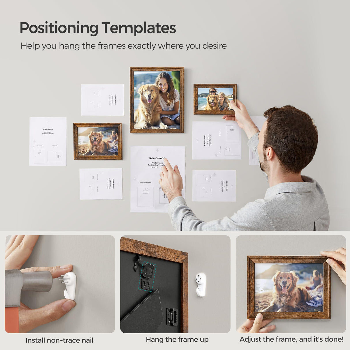 SONGMICS Picture Frames with 16 Mats, Set of 10 Collage Photo Frames, Two 8x10, Four 5x7, Four 4x6 Frames, Hanging or Table Display, Glass, 12 Non-Trace Nails, Rustic Brown SONGMICS