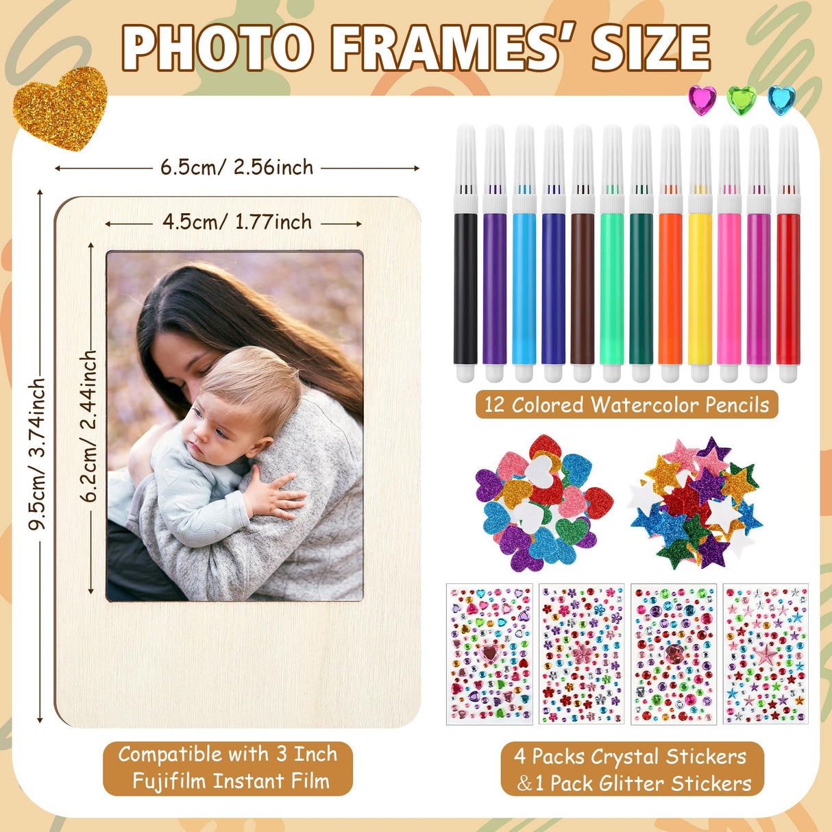 Yalikop 12 Pack Wooden Picture Frames for Crafts Unfinished Magnetic Picture Photo Frame with 12 Watercolor Pencils, Stickers, Mini Wood Fridge Magnetic Frames Display DIY Gifts for Refrigerator Yalikop