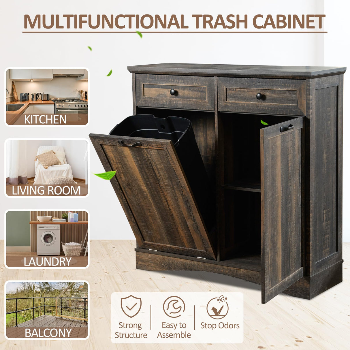 OUTGUAVA 13 Gallons Tilt Out Trash Cabinet Kitchen Trash Bin Cabinet Recycling Trash Cabinet with Hideaway Drawers, Pet Proof Trash Can Cabinet for Kitchen Living Room, Rustic Brown OUTGUAVA