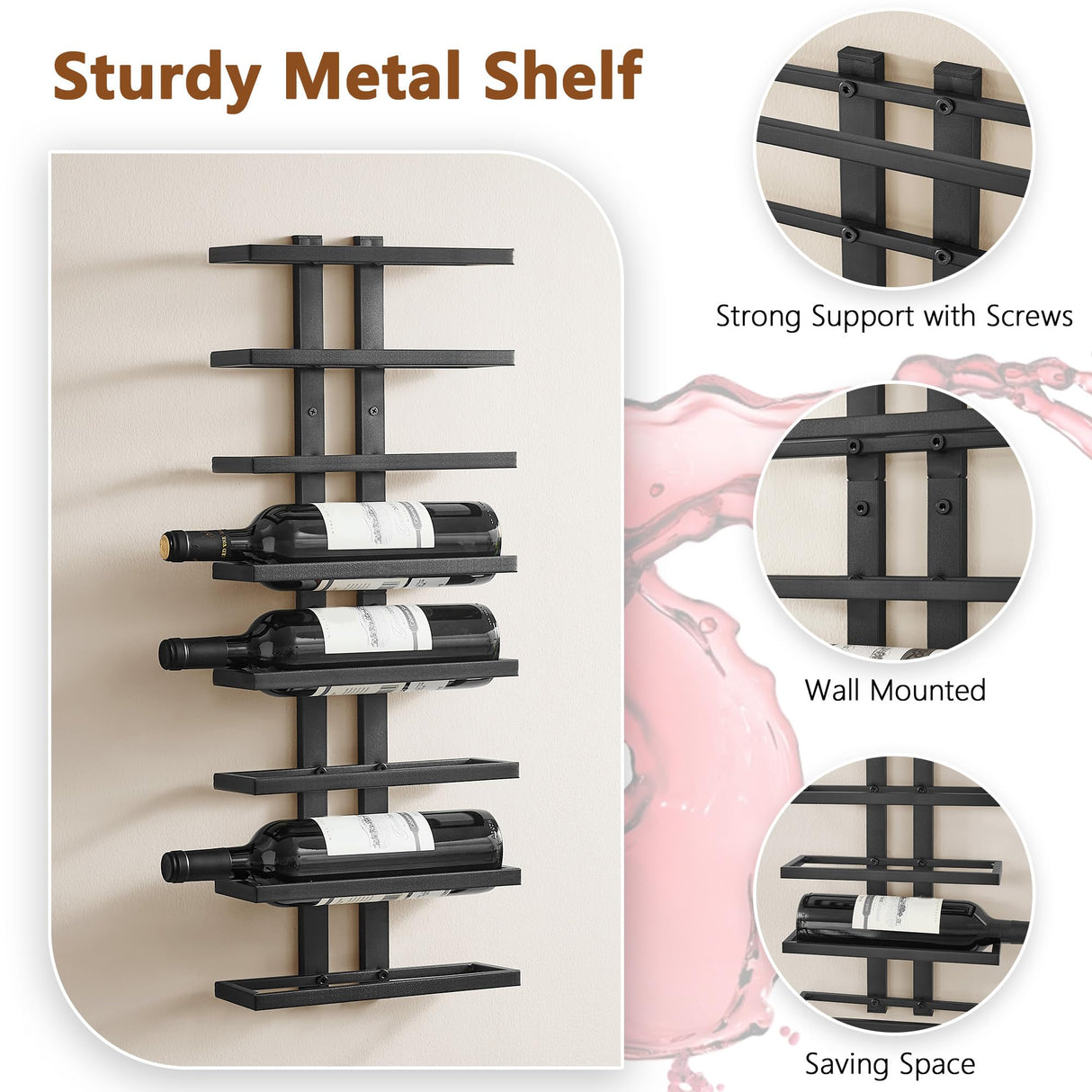 Hoctieon 8 Tier Wall Mount Wine Rack, Wall Racks for Wine Bottles Display and Storage, Hanging Bottle Organizer for Living Room, Dining Room, Wine Cellar, Bar, Black Hoctieon