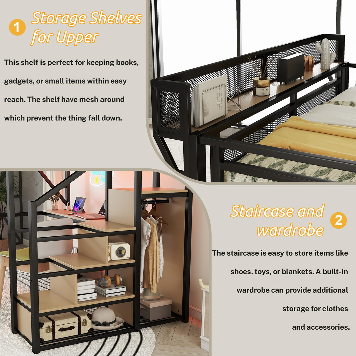 Mirightone Full Size Loft Bed with Stairs & Desk, Metal Loft Bed Frame with LED and Charging Station, High Loft Beds Gaming Lofted Full Bed with Storage Shelf for Kids and Teens (Black+Natural) Mirightone