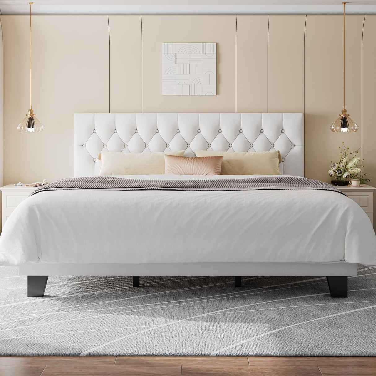 Feonase King Size Velvet Platform Bed Frame, Upholstered Bed with Button Tufted Headboard, Sturdy Wooden Slats & Heavy Duty Feet, No Box Spring Needed, Noise-Free, Easy Assembly, White Feonase