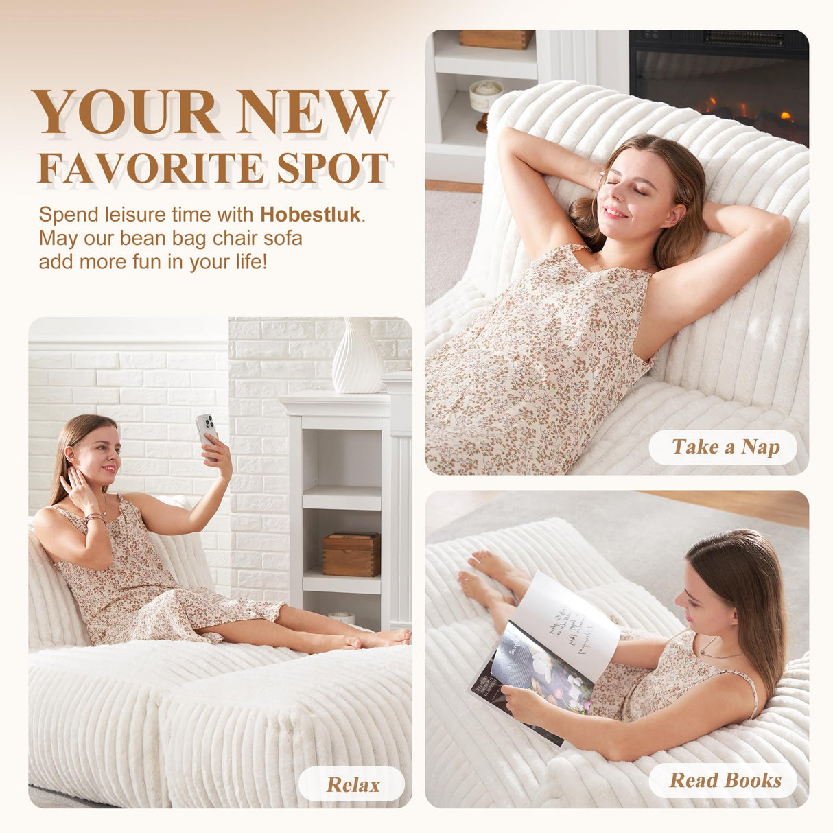 Big Bean Bag Lounger Chairs Large Beanbag Chair for Adults Bean Bag Sofa with Memory Foam Filled for Living Room, Bedroom or Balcony (White) Hobestluk