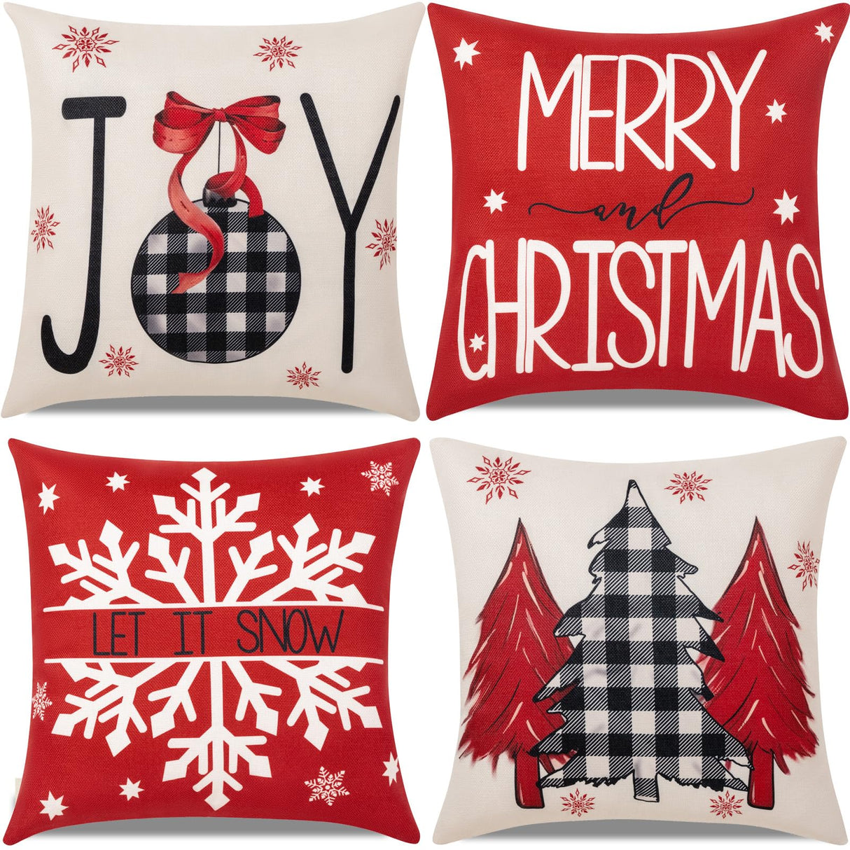 Red Christmas Decorations-Throw Pillow Covers 18x18 in Set of 4,Decorative Joy Snowflake Pillow Case for Couch Sofa Winter Holiday Indoor Outdoor Home Red White Xams Decorations Hongsome