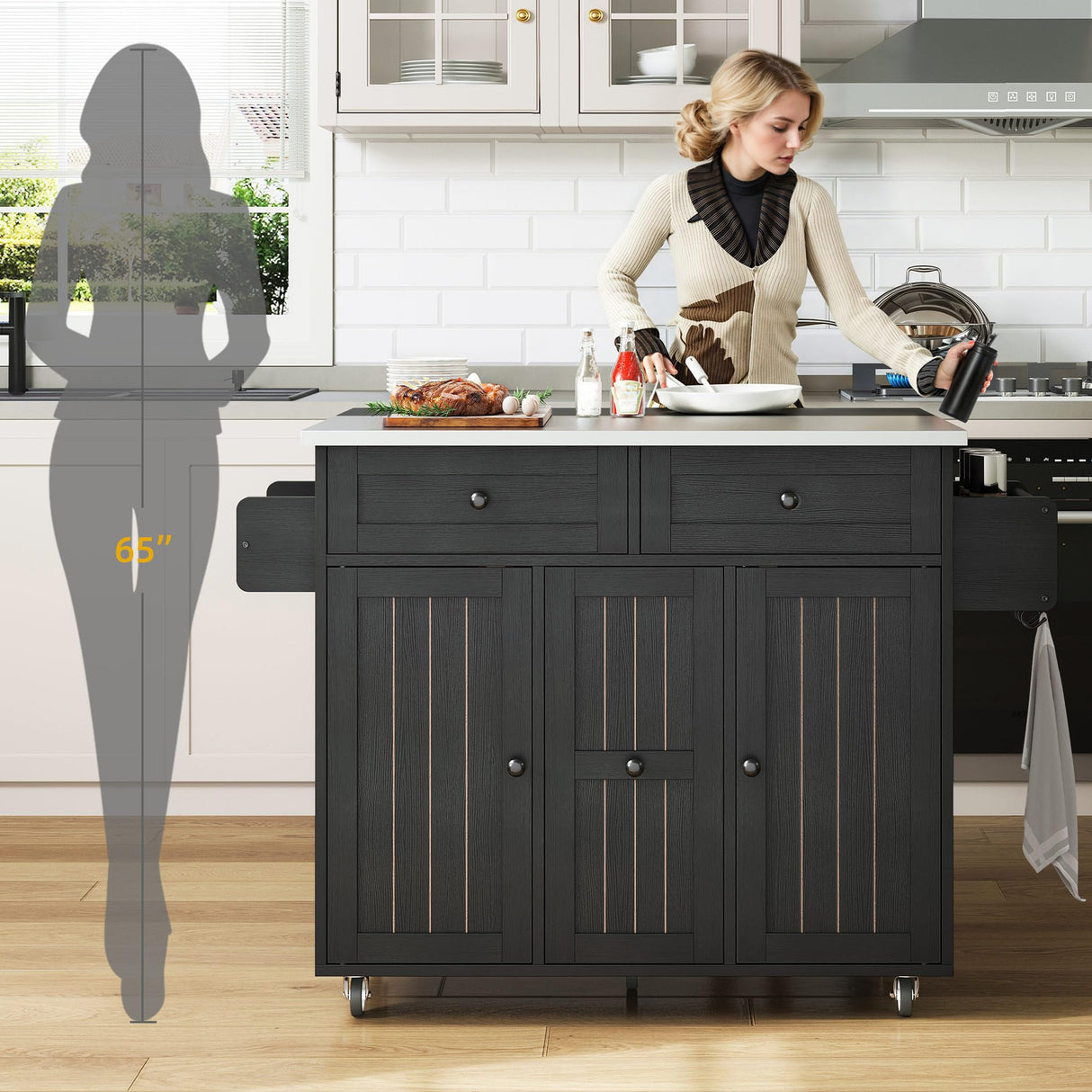 DWVO Kitchen Island on Wheels, Mobile Kitchen Island Cart with Folding Drop Leaf Breakfast Bar, Island Table for Kitchen with Large Storage Cabinets, Racks, Drawers and Adjustable Shelves, Black DWVO