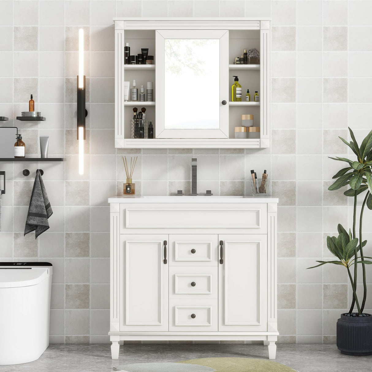 Merax 36" Bathroom Vanity with Sink, 36 inch Bathroom Vanity Storage Cabinet with Matching Mirror Medicine Cabinet, Ceramic Sink Top, Solid Wood Frame, Painted Finish (White) Merax