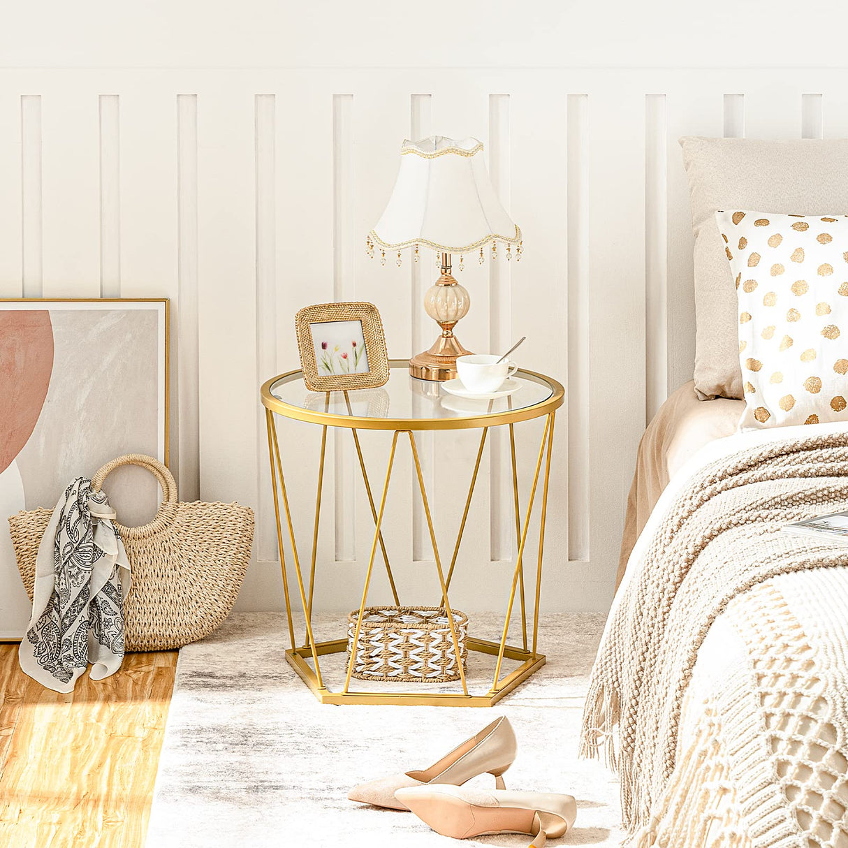 HOOBRO Small Coffee Table Set of 2, Round Coffee End Table with Metal Frame, Glass Top, Gold Side Table for Living Room, Bedroom and Balcony, Modern Style, Gold GD79BZ01 HOOBRO