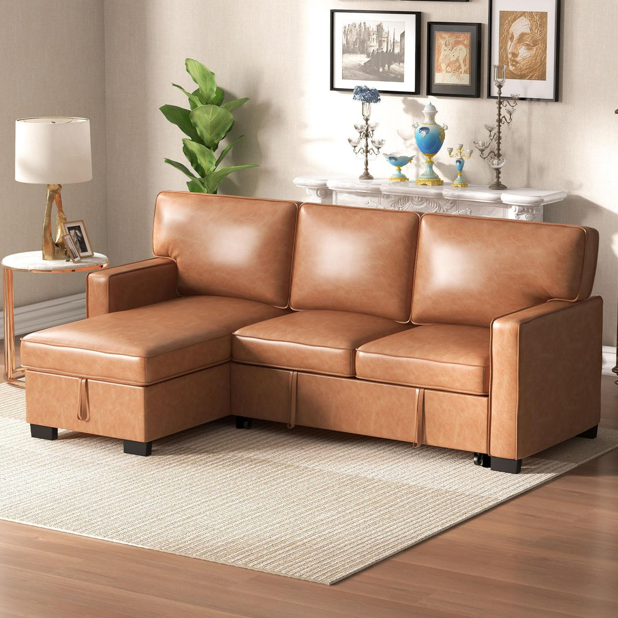 EBELLO Convertible Sleeper Sofa 3 in 1, Faux Leather Modern L-Shaped Couches for Living Room, Pull Out Sectional Futon Sofa Bed with Storage Space, USB Ports and Cup Holders for Bedroom, Brown EBELLO