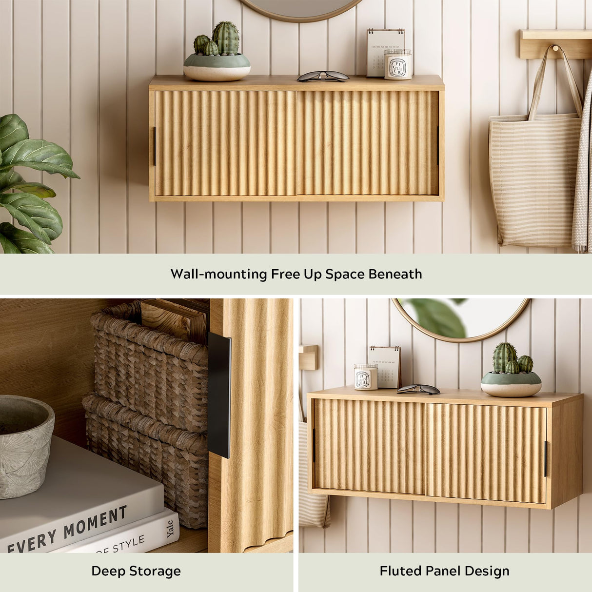 EYYTHUNG Floating Nightstand with Sliding Doors, Modern Large Night Stand Storage Shelf Wall Mounted Bedside Tables for Bedroom, Study Room Natural Oak EYYTHUNG