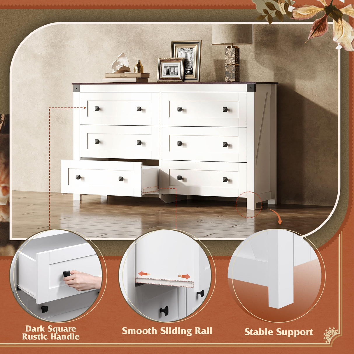 WLIVE Farmhouse 6 Drawer Dresser for Bedroom, 53.07'' Wide Wood Dresser, White Dressers Storage Organizer with Double Rustic Handle, TV Stand for 60 inch TV, Chest of Drawers for Living Room, Hallway WLIVE