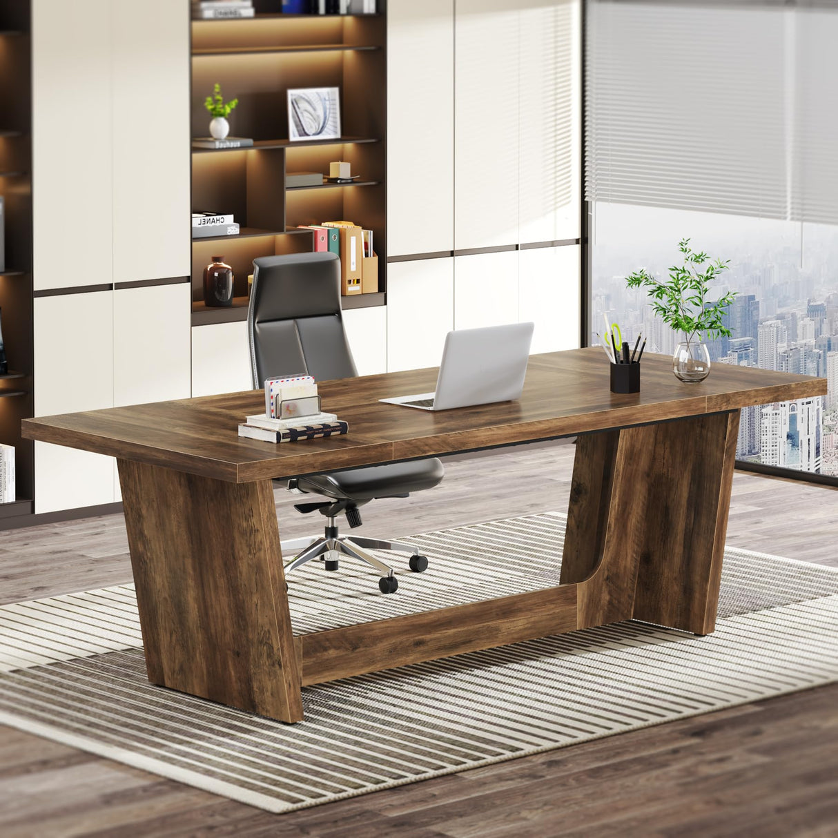 Tribesigns 70.87-Inch Executive Computer Desk: Large Home Office Desk with Solid Wooden Pedestal, Industrial Wood Study Writing Table, Workstation Business Furniture, Brown Tribesigns