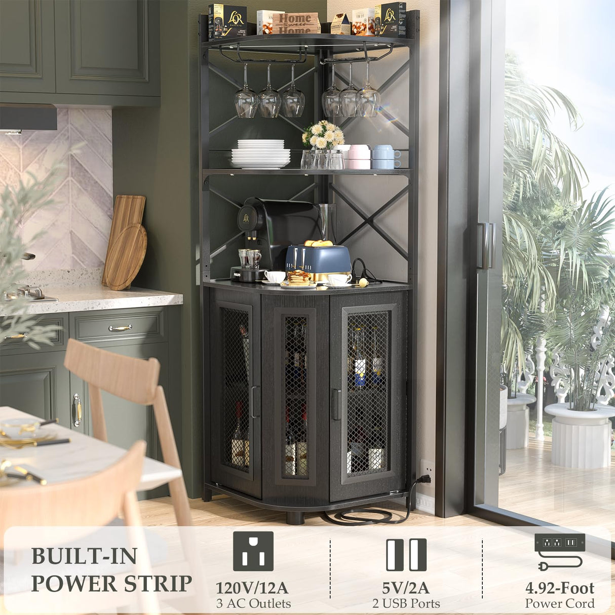 Aheaplus Corner Bar Cabinet with Power Outlet, Industrial Wine Cabinet with LED Strip and Glass Holder, 5-Tiers Liquor Cabinet Bar Unit for Home, Corner Display Cabinet for Small Space, Black Aheaplus