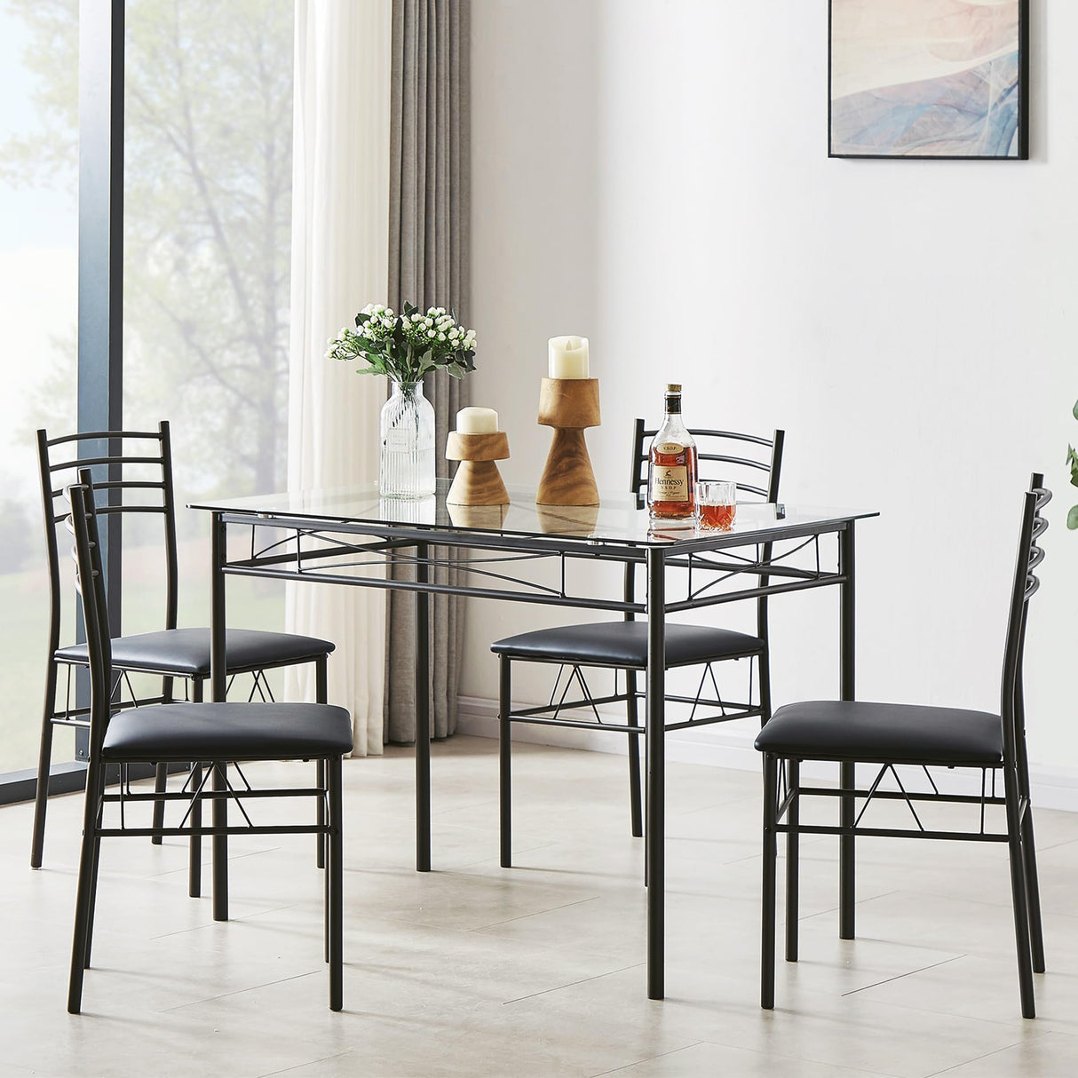 VECELO Kitchen Dining Table and Chairs Set for 4, PU Padded Seat & Glasses Tabletop, Space Saving, Matte Black VECELO