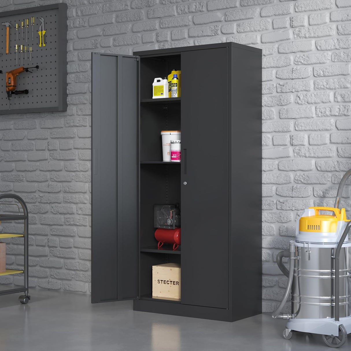 BIZOEIRON Metal Storage Cabinet with Adjustable Shelves, Garage Cabinet with 2 Lockable Doors for Office, Home, Garage, Require Assembly, Black BIZOEIRON