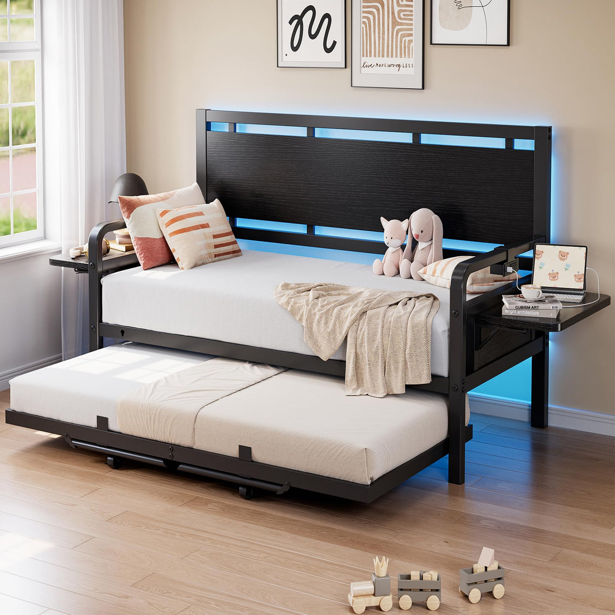 Jocoevol Daybed with Trundle and LED Light, Heavy Duty Metal Twin Bed Frame with Movable Charging Station, Day Bed Pop Up Trundle Bed Twin for Living Room, Bedroom and Guest Room, Black Jocoevol