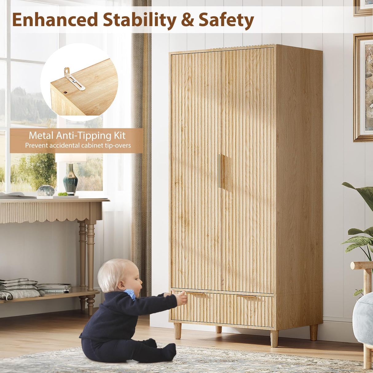 VINGLI Fluted Wardrobe Closet Armoire with Doors And Drawers, Wardrobe Cabinet with Hanging Rack, Bedroom Closet Wood, Oak Free Standing Armoire with Shelf and Solid Wood Legs, 31.5"W*19.7"D*69.3"H VINGLI