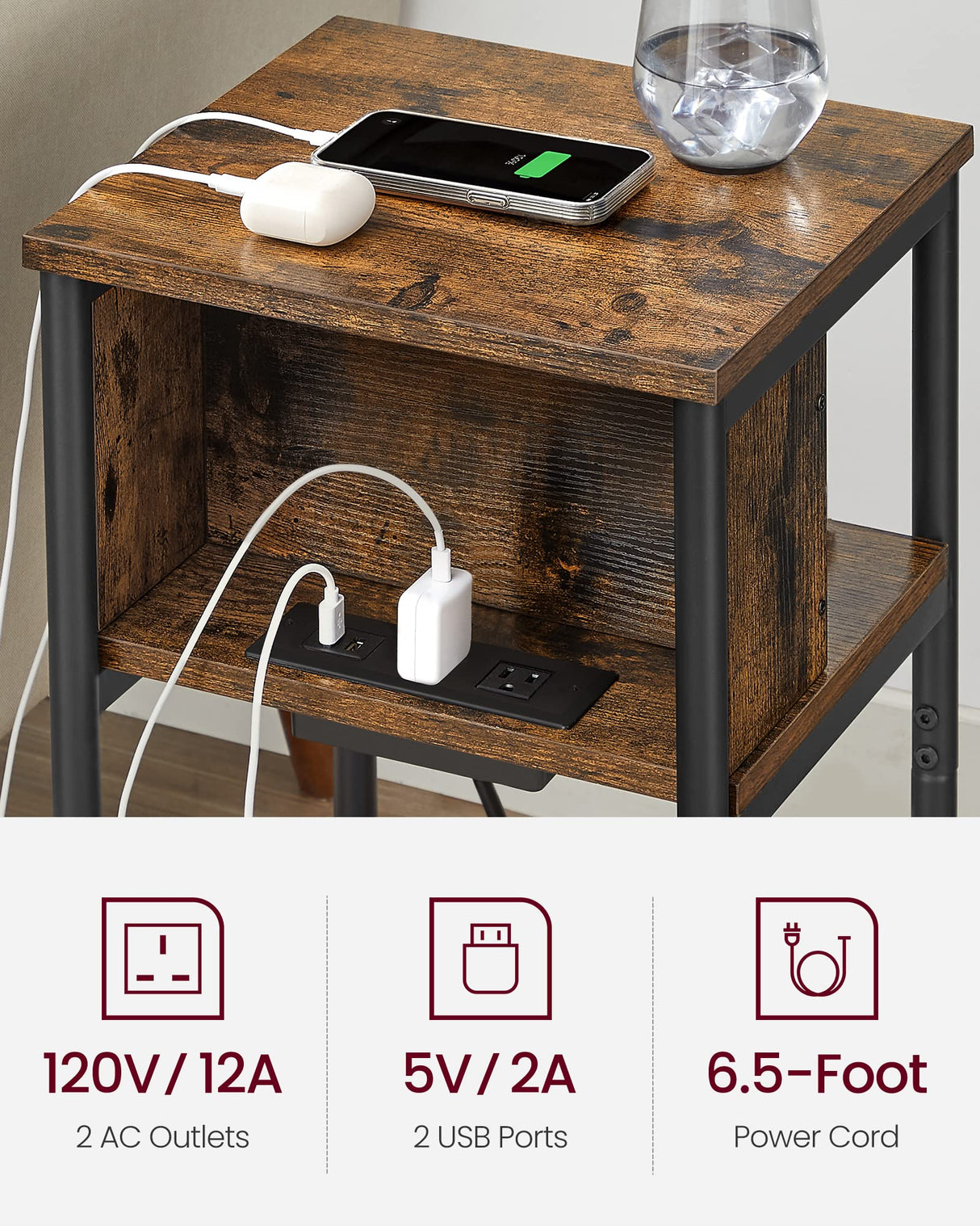 VASAGLE Side Table with Charging Station, 3-Tier End Table with USB Ports and Outlets, Nightstand for Living Room, Bedroom, 11.8 x 13.4 x 22.8 Inches, Plug-in Series, Rustic Brown and Black VASAGLE