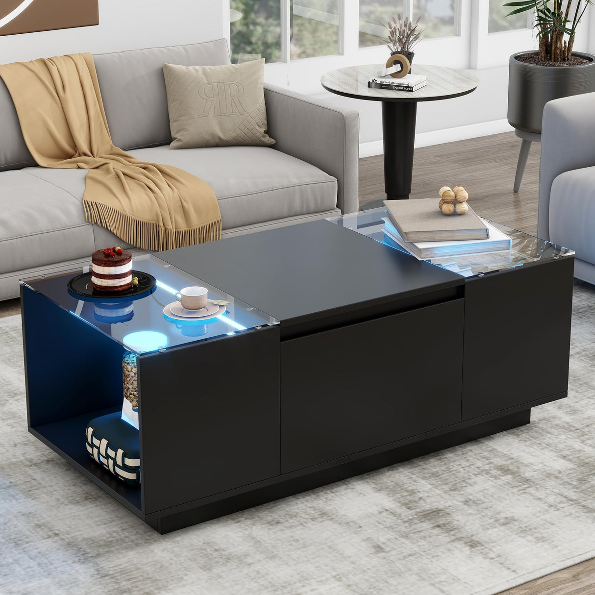 Black 2-Tier Rectangular Table with Tempered Glass Top and Drawers, LED Coffee Table with Storage, Modern High Gloss Black Coffee Table RuiSiSi