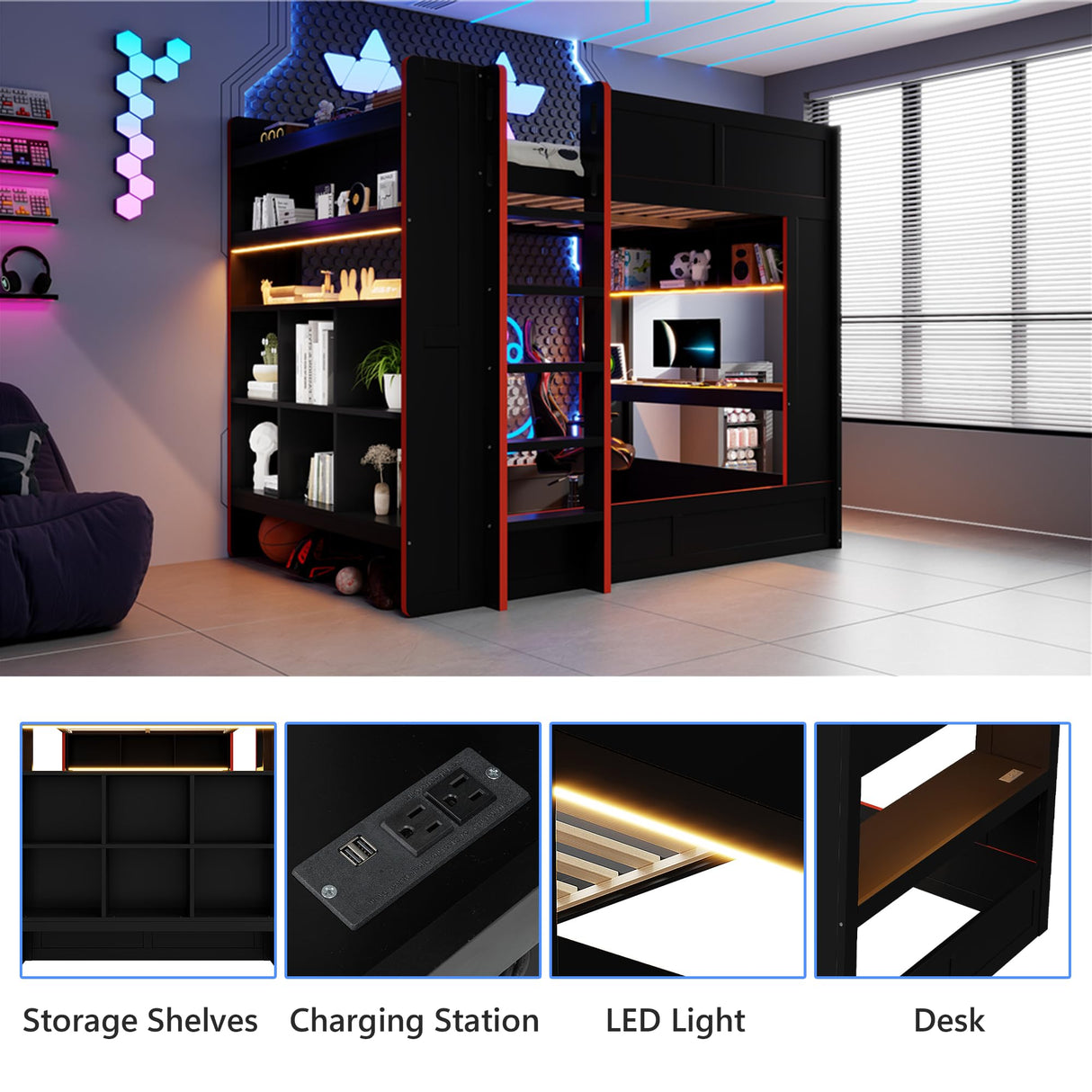 Polibi Full Size Gaming Bunk Bed with Desk, Built-in Charging Station (2 Outlets & 2 USB), LED Lights, Storage Shelves, Black Wood & MDF Frame for Teens & Adults, No Box Spring Needed Polibi